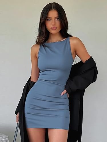 Sukiglam Sexy Kleid Damen Ärmellos Boot Ausschnitt Bodycon Minikleid Elegant Sommerkleid Figurbetonte Freizeit Kleid Kurz Party Kleider Eng Wickelkleid Cocktailkleid Bleistiftkleid Clubwear