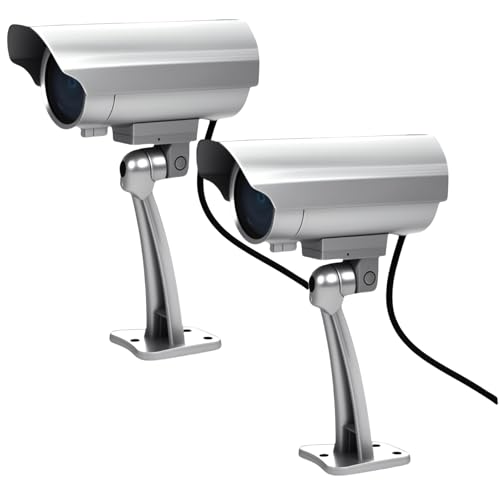 2 cámaras de seguridad para exteriores, falsas cámaras de seguridad con LED rojo intermitente, CCTV, cámara falsa de seguridad para interiores y exteriores (2 unidades plateadas)