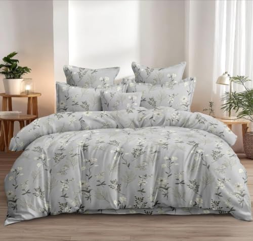 Image of NHD HOME Cotton 220 TC Super King Size Bedsheet Floral Print 108 X 108 Inch Size with 2 Pillow Cover, 275 X 275 Cm Super King Size (9 Ft by 9 Ft) (Off White)