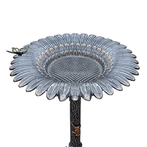 Image of Oakland Living Sunflower Butterfly Bird Bath, Antique Pewter, Silver