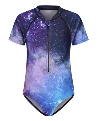 Girls One Piece Rash Guard Swimsuits for Girl Short Sleeve Bathing Suits with Front Zipper Sun Protection Swimwear 3-16 Years
