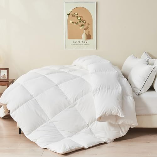 TOPGREEN Organic Feather Down Comforter Full Size Luxury Extra-Fluffy Duvet Insert All Season Bed Comforter with Ultra-Soft Organic Cotton Case (82x86 Inch Ivory White)