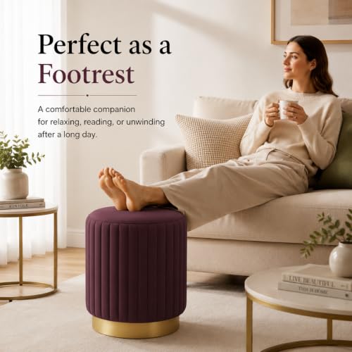 Image of Designer Velvet Round Footstool Ottoman with Sturdy Gold Metal Band Base for Home Decor & Extra Seating, Lightweight Pouf Stool for Sofa Side & Bedroom, 16x16x17 Inch (Coffee)