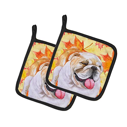 Caroline's Treasures BB9900PTHD English Bulldog Fall Pair of Pot Holders, Yellow Kitchen Heat Resistant Pot Holders Sets Oven Hot Pads for Cooking Baking BBQ, 7 1/2 x 7 1/2