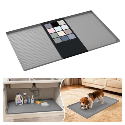 Image of URMONA Waterproof Silicone Under Sink Mat 37'' x 22'' Shelf Liner for Kitchen and Bathroom, Cabinet and Counter Protector, Storage and Organizers, Litter Mat, Pet Cat Puppy Essentials(Beige)