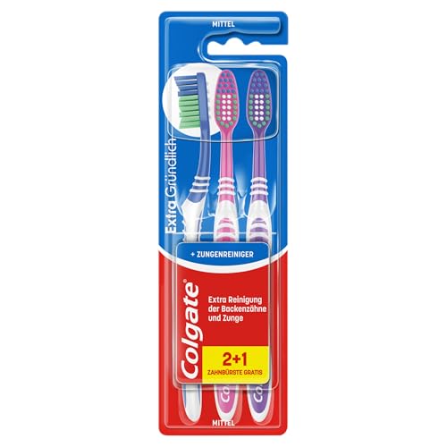 Colgate Zahnbürste Extra Clean, 3 Stück – Handzahnbürste mit mittelharten Borsten erreicht die Zahnzwischenräume sowie hinteren Zähne – Zahnreinigung mit integriertem Zungenreiniger