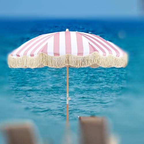 OPOLDBDMAC Parasol Rose avec Franges De 200cm, Parasol De Patio avec des Franges, Parasol Boho Inclinable pour Table De Marché, Parasol De Piscine avec Sac De Transport, Pôle en Bois