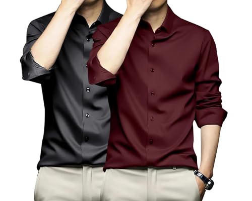Image of DEELMO Combo of Men's Stylish Solid Satin Casual Shirt for Men Full Sleeves| Poly Satin Silk Shirt Pack of 2