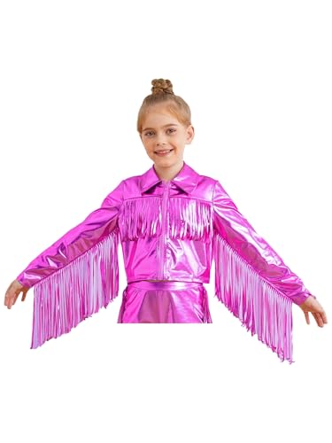 Kids Girls Fringe Long Sleeve Jacket Metallic Tassel Zipper PU Leather Jacket Shiny Sparkly Outwear Coat