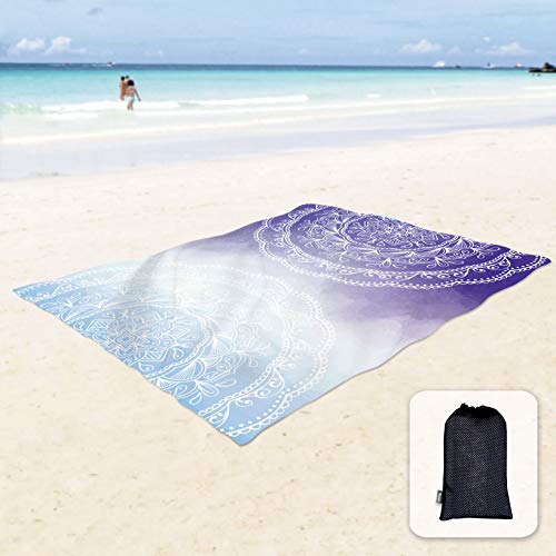 Sunlit Silky Soft 85"x72" Boho Sand Proof Beach Blanket Sand Proof Mat with Corner Pockets and Mesh Bag for Beach Party, Travel, Camping and Outdoor Music Festival, Blue Purple Mandala