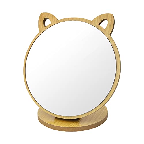 DEANKEJI Miroir créatif en forme d'oreilles de chat, angle réglable, cadre en bois avec base en bois, miroir cosmétique mignon pour chambre à coucher, salon