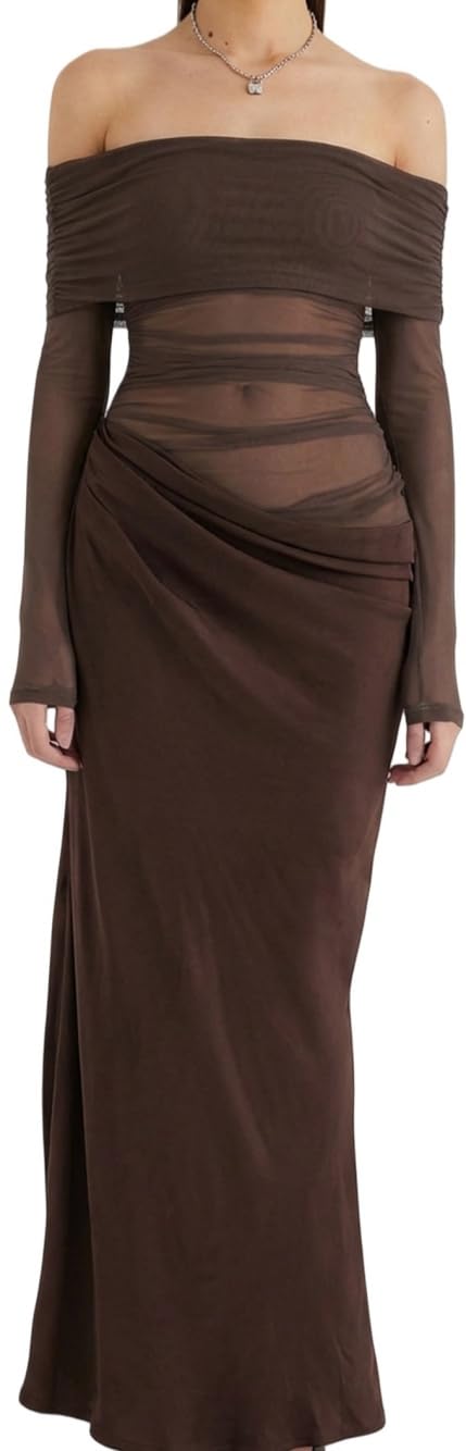 Vestido Mujer Manga Larga con Hombros Descubiertos Elegante Vestidos Largo de Fiesta Sexy Vestido Ajustado de Malla Transparente Otoño Bodycon Plisado Maxi Vestido para Cóctel Boda Ceremonia