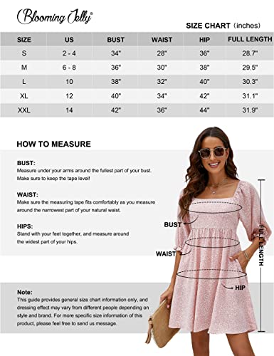 Blooming Jelly Womens Floral Babydoll Dress Square Neck 3/4 Puff Sleeve Dress Boho Mini Cute Sun Summer Casual Trendy 2023 Ladies Dresses With Pockets (Large, Light Blue) #TOP6