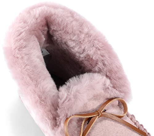 Image of Women's Moccasin Slippers with Warm Wool Lining, Pigskin Leather Non-Slip Rubber Sole for Indoor and Outdoor Casual Winter Flat Shoes