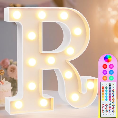 Image of Pooqla Colorful Light Up Letters with Remote, Upgraded 35 Colors LED Marquee Letters, RGB Lighted Letter for Girls Teenager Gift, Birthday, Party, Wedding, Night Light, Room, Bedroom Decor, Letter R
