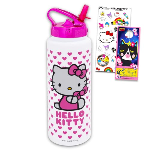 Hello Kitty Reusable Water Bottle - Bundle with Plastic Water Bottle with Spout for Home, School, Sports Plus Sticker, More