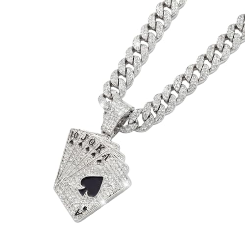 KNITUKL Iced Out Cuban Link Chain for Men, Miami Style Silver and Gold Plated Bling Necklace, Diamond Hip Hop Necklace (Playing cards silver)