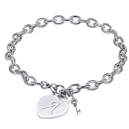 Heart Initial Charm Bracelets for Women Stainless Steel Heart Engraved 26 Letters Alphabet Bangle Bracelet with Cute Key Birthday Christmas Jewelry Gift for Women Teen Girls (Heart Letter A)
