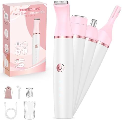 Bikini Trimmer Women, Electric Razors: 4-in-1 Painless Pubic Hair Trimmer Women, Rechargeable Electric Shaver for Body/Bikini/Armpits/Legs/Face/Arms/Eyebrows/Nose, Ceramic Blade, Pink