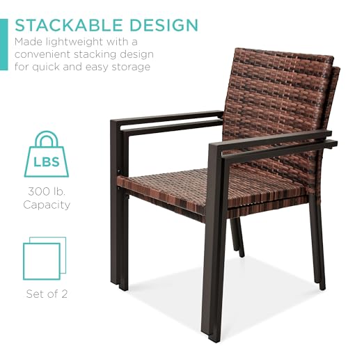 Image of Best Choice Products Set of 2 Stackable Outdoor Wicker Dining Chairs All-Weather Firepit Armchair w /Armrests, Steel Frame for Patio, Deck, Garden, Yard - Light Brown