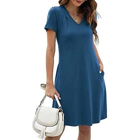 Manydress Womens V Neck Casual T-Shirt Dress Loose Pleated Short Sleeve Swing Tunic Dress with Pockets MY120 (Teal, XL) Cover