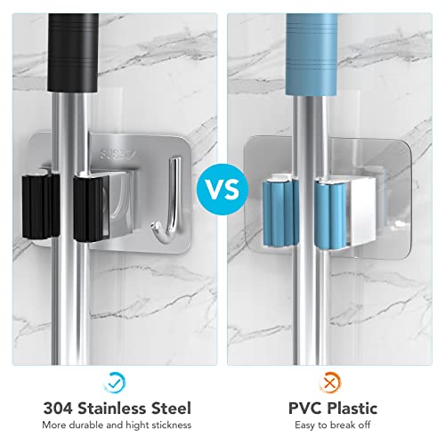 Image of homeasy Mop Broom Holder No Drill, Mop Broom Organizer Wall Mounted Heavy Duty with Hooks Hanger, Self Adhesive Stainless Steel 4Pcs for Bathroom, Kitchen, Office (Multicolor)