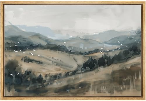 MUDECOR Framed Canvas Print Wall Art Moody Mountain Valley With Flying Birds Watercolor Illustrations Fine Art Decorative Retro for Bedroom - 16"x24" NATURAL