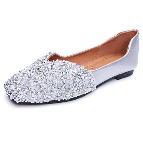 Flats Shoes Women Rhinestone Square Fashion Ballet Flats Wedding Flats for Women Comfortable Slip on Low Heel Dress Shoes