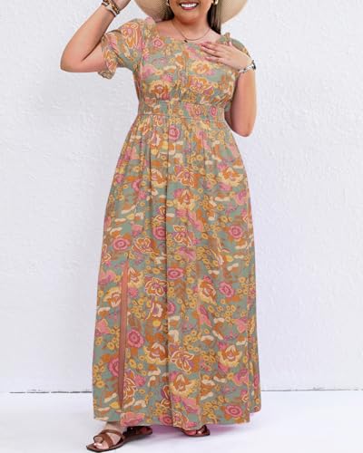Image of Holipick Women's Off The Shoulder Boho Dress Plus Size Floral Smocked Waist Split Summer Maxi Sundress with Pockets