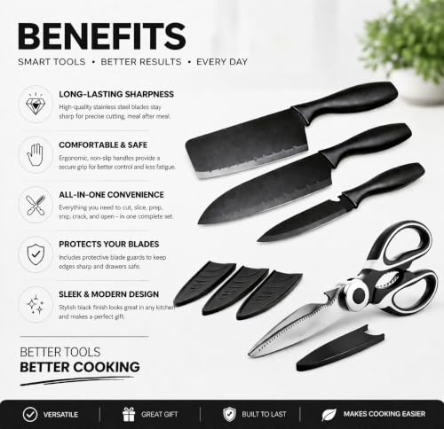 Image of Kitchen Knife Set with Kitchen Scissors 4 Pcs Stainless Steel Kitchen Knives & Multipurpose Scissors Blade Cover with Ergonomic Abs Handles | Cooking Knife for Vegetable, Fruit & Meat