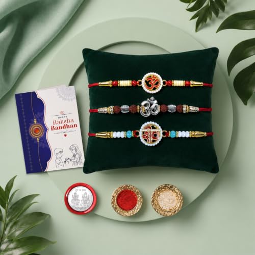 Image of Oblivion Rakhi For Brother - Elegant Stylish God Designer Rakhi with Beads and Silver Colour Pooja Coin, Tilak Set & Greeting Card - Traditional Raksha Bandhan Combo for Bhai