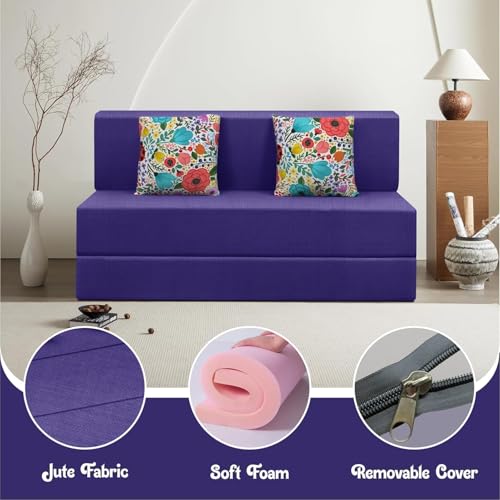 Image of Rosebell Foldable 2 Seater Sofa Cum Bed, Sofa Bed 4X6 Feet, Jute Fabric- Washable Cover- Including Two Cushion Perfect for Home & Office-Purple Color