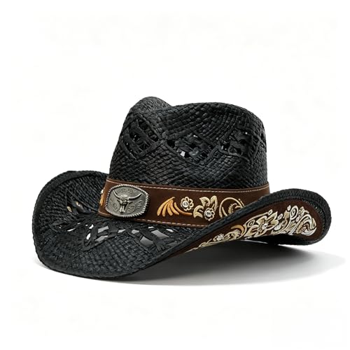 Cisnocr Straw Cowboy Hat Men Women Western Cowgirl Hat with Wide Brim Embroidered Black White Pink Brown Cowboy Hat. (US Alpha Medium Black)