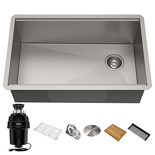 Kore Workstation 30-inch Undermount 16 Gauge Single Bowl Stainless Steel Kitchen Sink with WasteGuard 1 HP Continuous Feed Garbage Disposal - Kraus KWU110-30-100-100MB