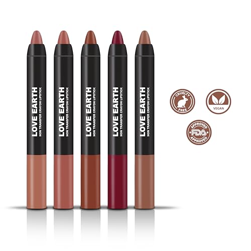 Image of Love Earth Crayon Lipsticks 1.O Matte Finish Combo Kit | Lightweight, Non-Lasting, Non-Transfer,Smudge Proof, Creamy Matte Lipstick Set | Multicolor Crayon Lipsticks - (3.5g X 5) 17.5gm