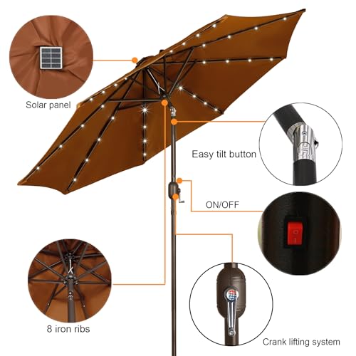 Image of Blissun 9 ft Solar Umbrella 32 LED Lighted Patio Umbrella Table Market Umbrella with Tilt and Crank Outdoor Umbrella for Garden, Deck, Backyard, Pool and Beach, Brown