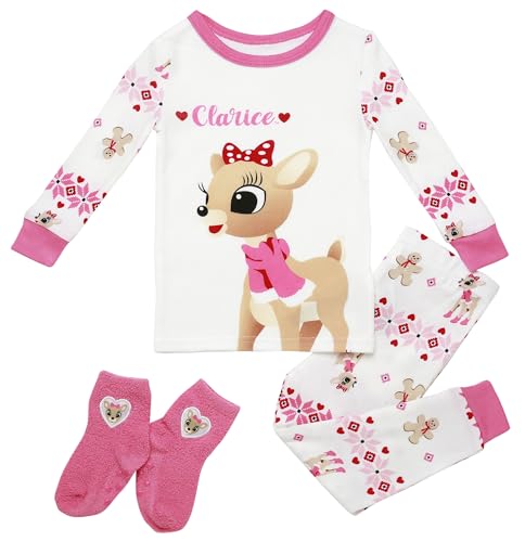 Baby Starters 3-Piece Snug Fit Girls Christmas Pajamas with Clarice and Appliqued Socks (Rudolph Collection White with Pink Fair Isle 4T)