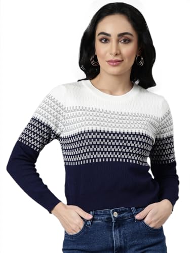 Image of SHOWOFFFF Women Geometric Fitted Casual Top | Round Neck Full Sleeves Knitted Top's for Womens | Regular Fit Midi Tops for Women's