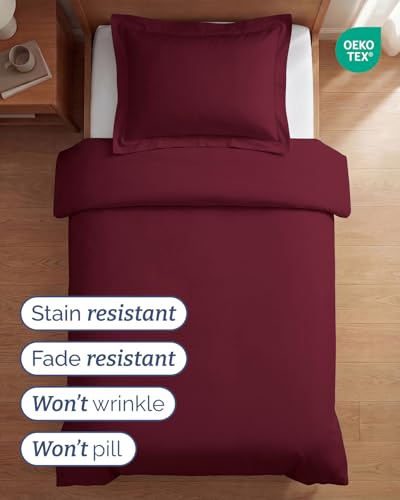 Image of Duvet Cover Twin /Twin XL Size - 2 Piece Set with Zipper Closure - Burgundy | Extra Soft Twin /Twin XL Duvet Cover 68 inch x 90 inch with 1 Pillow Sham, Hotel Luxury w / Zipper Closures & Ties, Comfy & Breathable