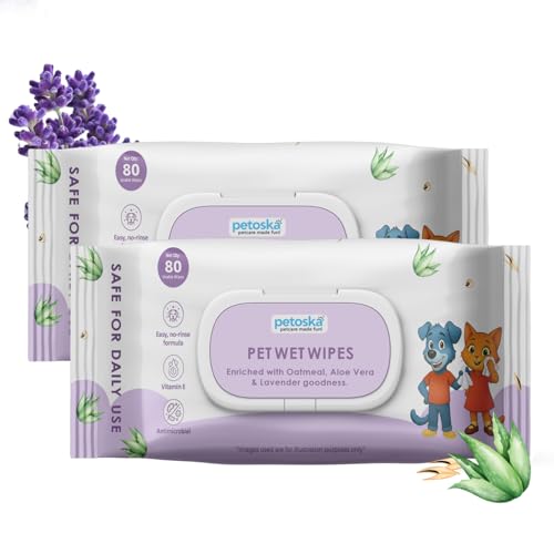 Image of Petoska Pet Wipes Pack of 2 for Dogs, Cats & All Pets - 80 Wipes | pH Balanced, Alcohol-Free, Gentle on Sensitive Skin | Enriched with Aloe Vera, Oatmeal & Lavender | Antimicrobial, No-Rinse Formula