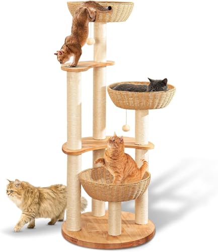 54" Modern Cat Tree Tower for Indoor Cats, Oak Cat Scratching Tree for Multiple Large Cats, Manual Hand Woven Luxury Cat Condo, Unique High-end Design Cat Furniture Activity Centre, Easy Clean
