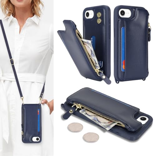 Housse iPhone 16e portefeuille Cavor femme avec pochette fermeture éclair et porte-carte bleu