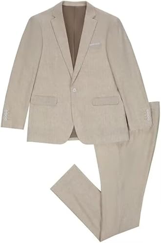 Bofan Men's 2 Piece Linen Suit Casual Slim Fit Beach Wedding Suit Set Beige Groomsmen Tuxedo Blazer Pants XL