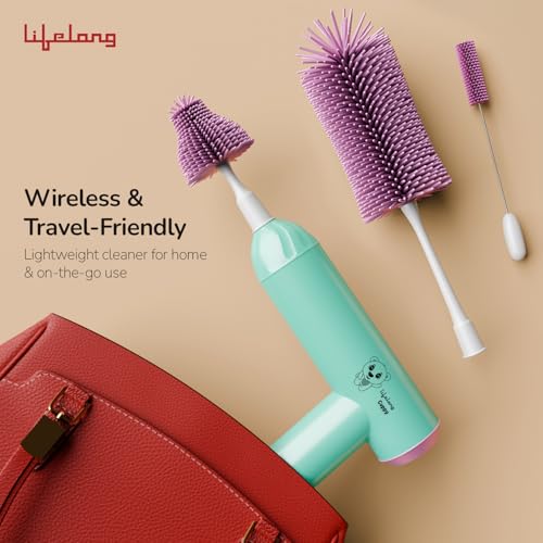 Image of Lifelong Cuppy Electric Bottle Cleaner Brush | Soft Silicone Bristles | Rechargeable, Baby Feeding Bottle Nipple Brush | Ideal for All Bottles, Straws, Corners | Easy to Clean | Removes Oil, Pink