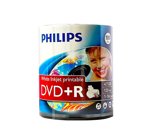 Philips DVD+R White Inkjet Hub Printable Discs with 16x Recording Speed and 4.7GB of Data in Bulk Eco Spindle (100-Pack - DR416U00F)