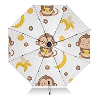 Folding Umbrella Cute Cartoon Monkey Banana Compact Travel Umbrella Automatic Open Close, Inverted Umbrellas for Rain Windproof UV Protection Sun Umbrellas