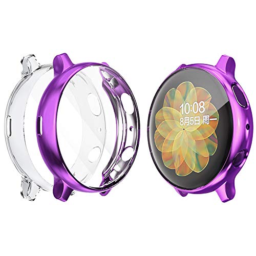 Case Compatible with Galaxy Watch Active 2 Case Soft TPU Bumper Full Around Screen Protector Cover for Samsung Galaxy Watch Active 2 44mm 40mm (Purple+Clear, Active 2-40mm)