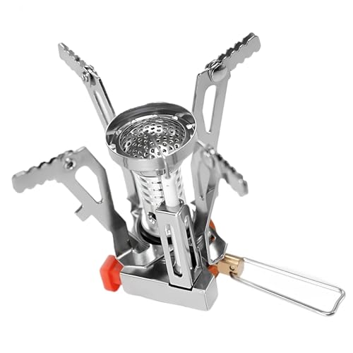 Kronabelle Estufa de mochilero, estufa portátil de camping de 3000 W con encendido piezoeléctrico, quemador de butano ligero con soportes dentados, cocina de gas compacta para campamento para