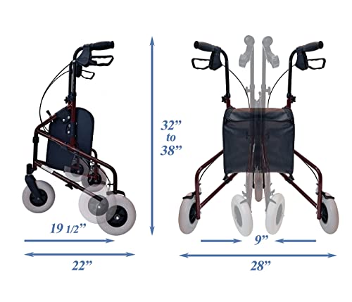 Tuffcare Freedom Lightweight Retractable 3 Wheel Walker With Balloon Tires, Rollator Walker For Seniors With Height Adjustable Handles With Loop Locking Brakes (Burgendy Red) #TOP5