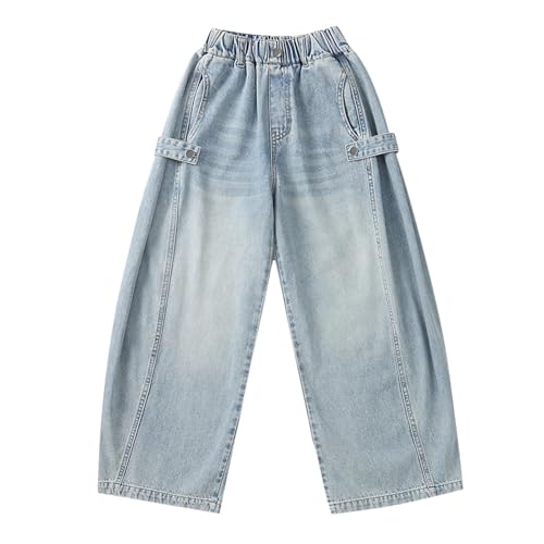 Girls Wide Leg Baggy Jeans Elastic High Waisted ?intage Trouser Kids Fall Straight Leg Washed Pants with Pockets